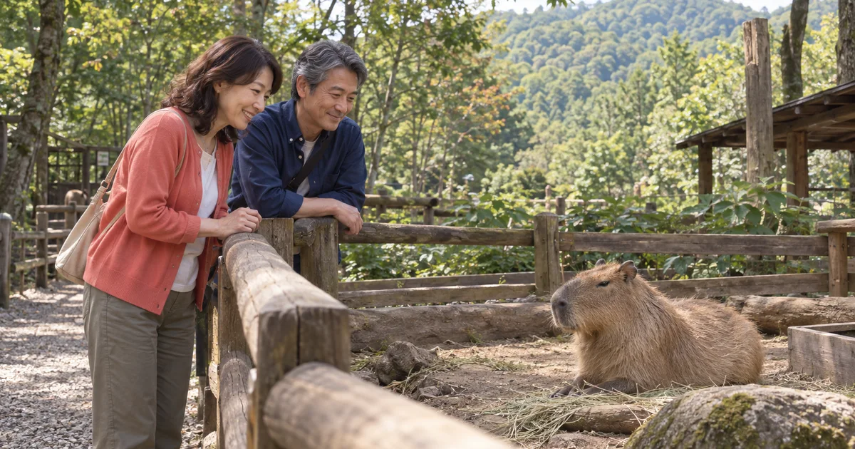 閉園前のノースサファリサッポロをイメージした、動物を眺める架空のふたり（AI生成）