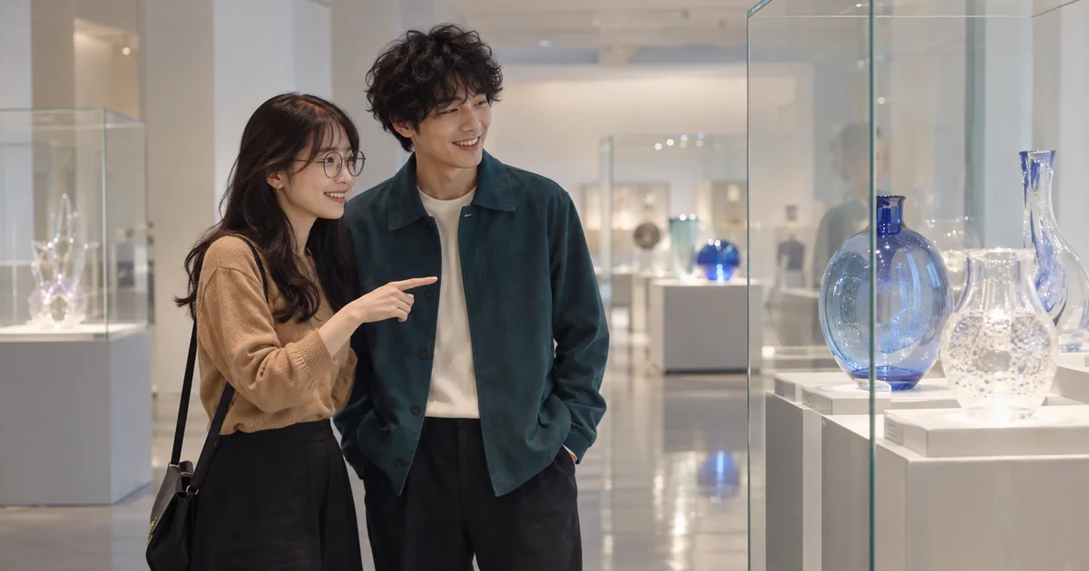 石川県能登島ガラス美術館でデートを楽しむふたりをイメージしたAI画像