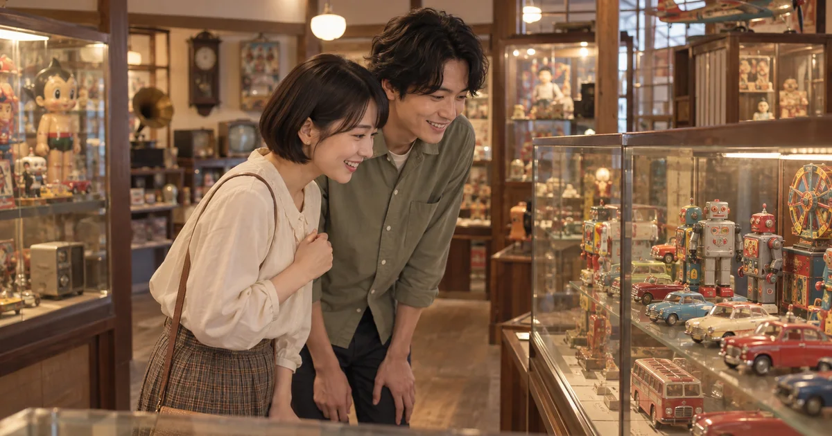 和倉昭和博物館とおもちゃ館でデートを楽しむふたりをイメージしたAI画像