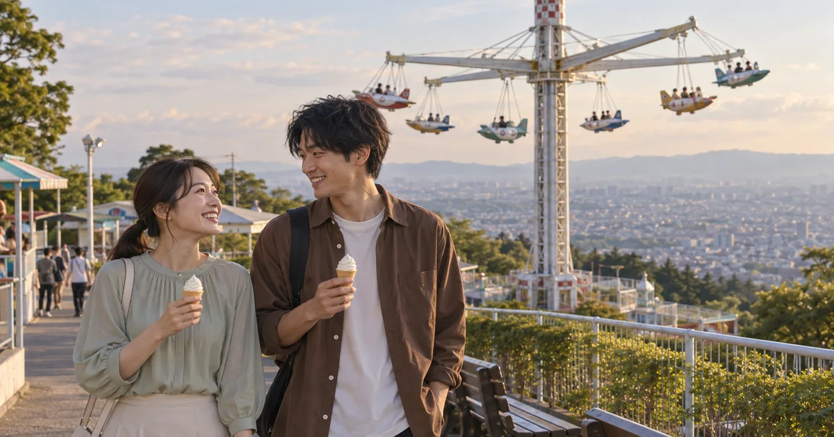 生駒山上遊園地でデートを楽しむふたりをイメージしたAI画像