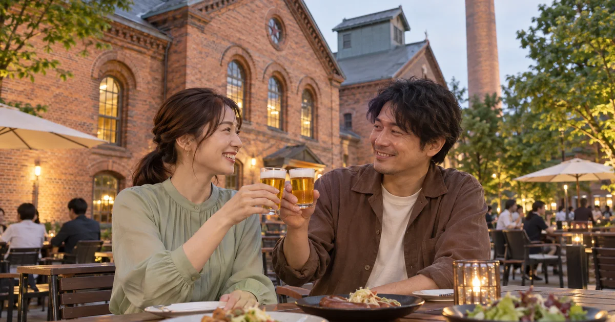 サッポロビール博物館でデートを楽しむふたりをイメージしたAI画像