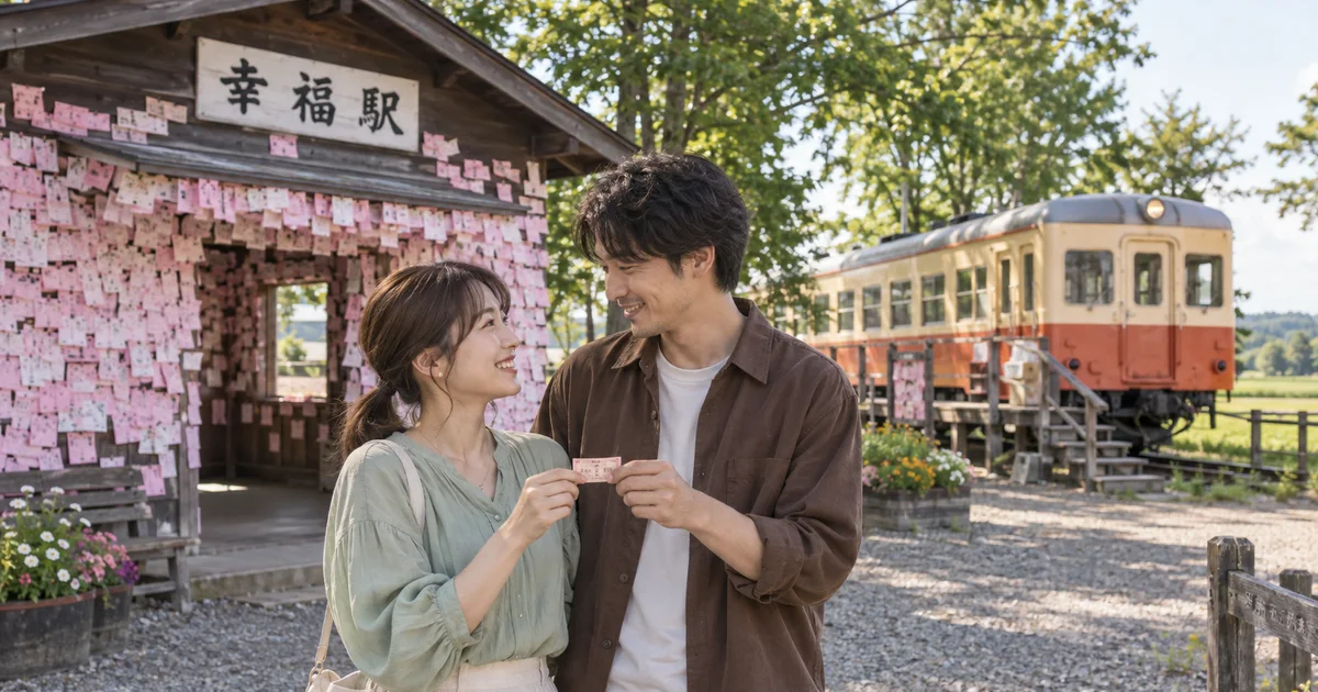 幸福駅でデートを楽しむふたりをイメージしたAI画像