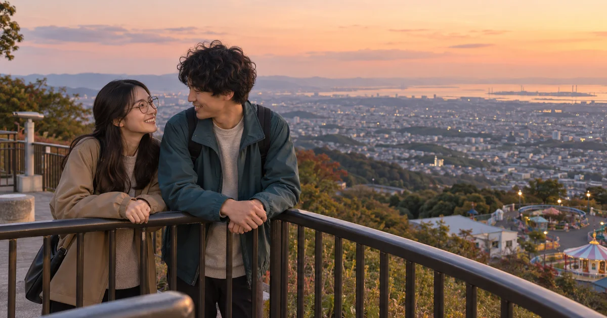 生駒山でデートを楽しむふたりをイメージしたAI画像